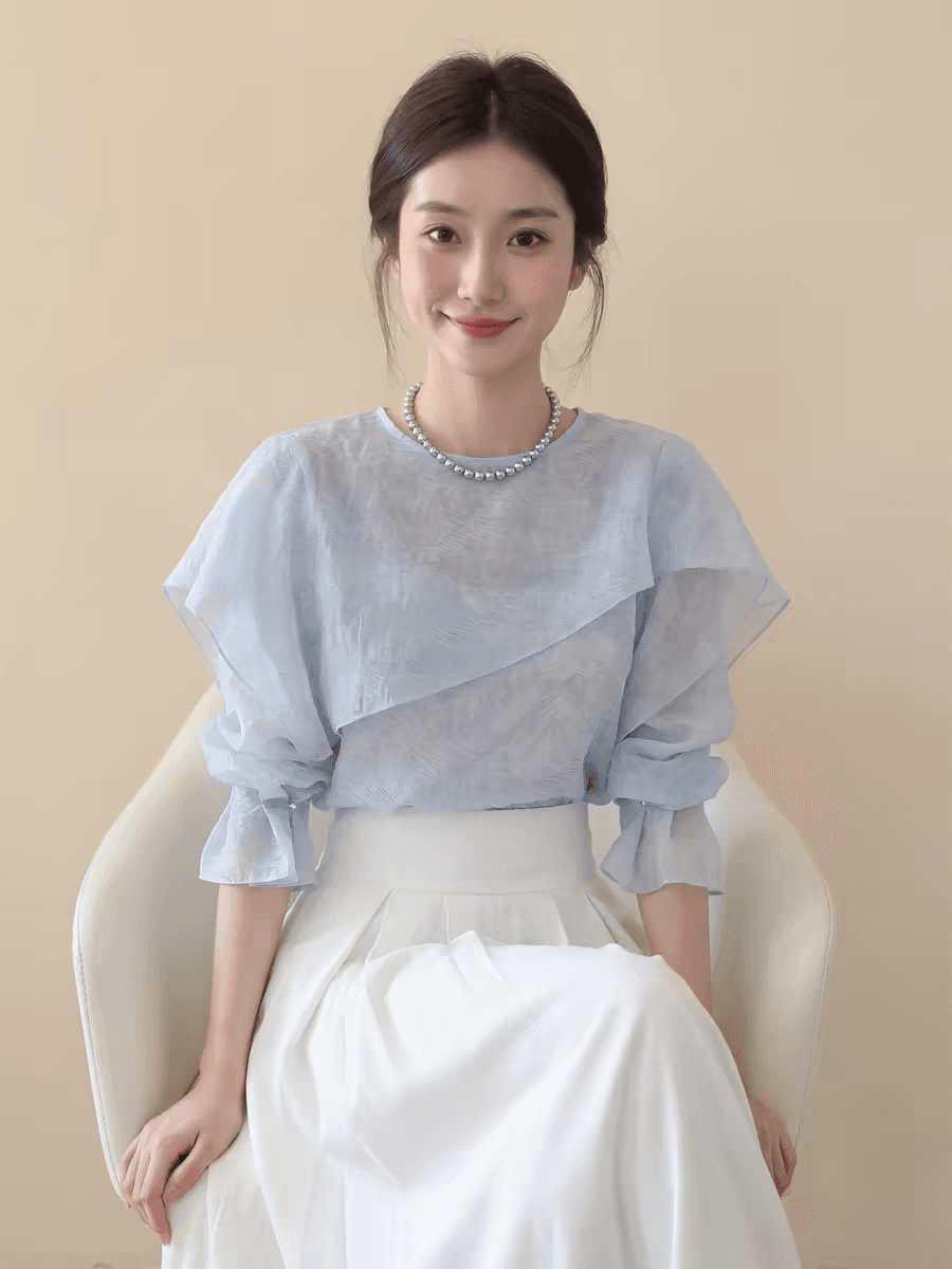 프랑스식 파란색 프릴 긴팔 셔츠 여성 2026 봄 여름 새로운 품격 고급 센스 다용도 외국 가스 맨위 상세 이미지 6