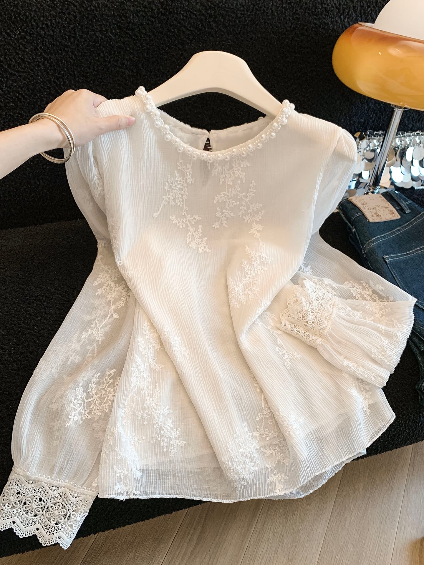 프랑스식 부드러운 바람 화이트 자수 긴팔 시폰 셔츠 여성 봄 스탠드 칼라 프릴 나팔 소매 다용도 맨위 트렌디 이미지 2