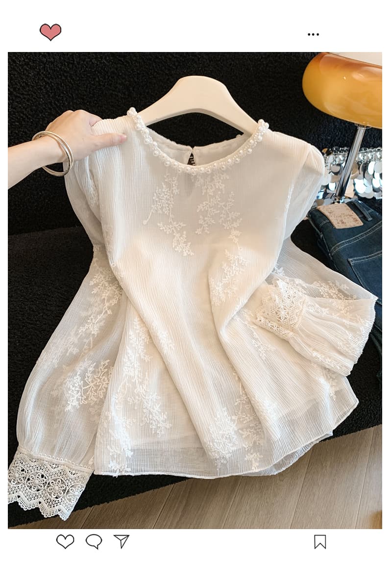 프랑스식 부드러운 바람 화이트 자수 긴팔 시폰 셔츠 여성 봄 스탠드 칼라 프릴 나팔 소매 다용도 맨위 트렌디 상세 이미지 1