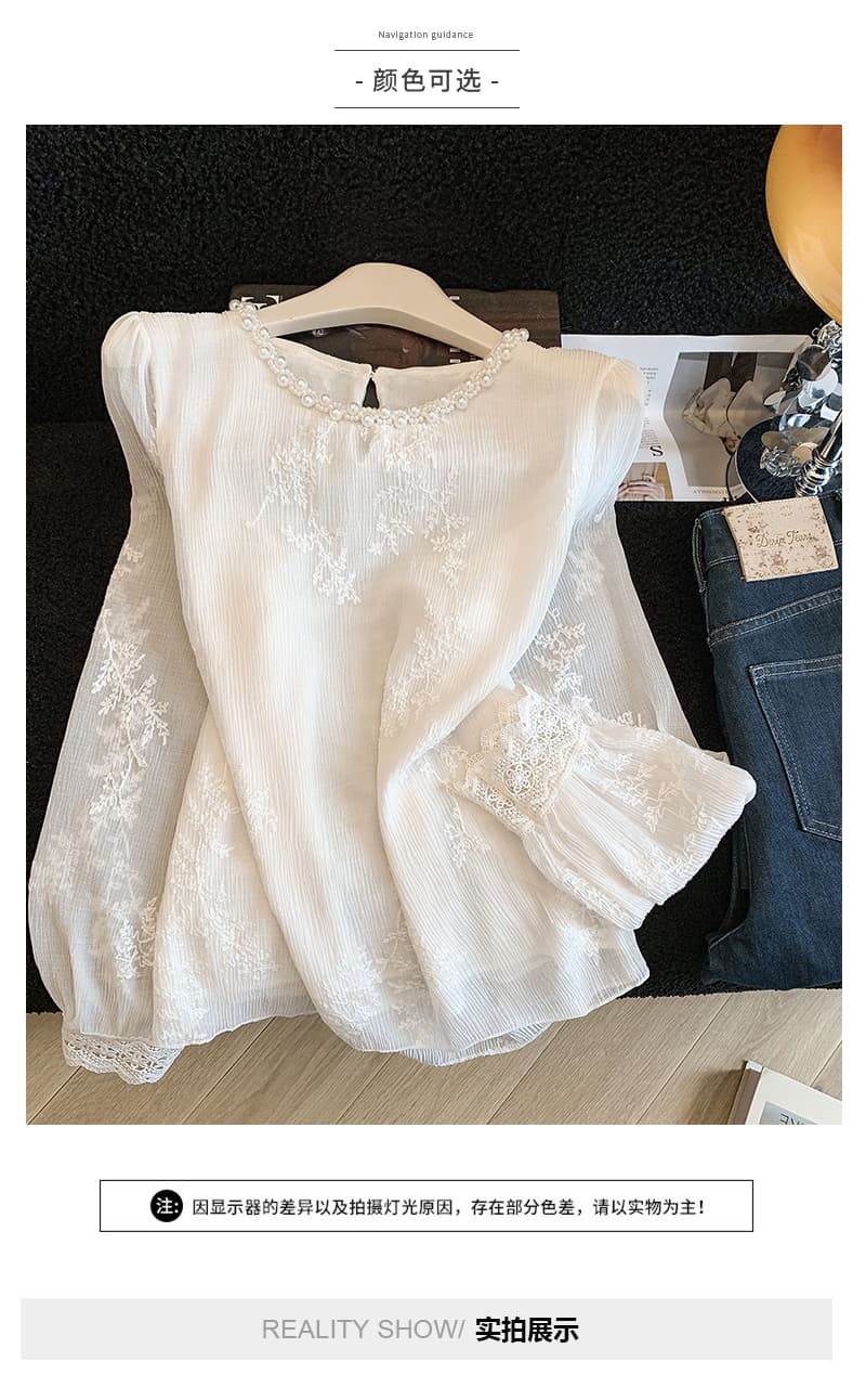 프랑스식 부드러운 바람 화이트 자수 긴팔 시폰 셔츠 여성 봄 스탠드 칼라 프릴 나팔 소매 다용도 맨위 트렌디 상세 이미지 4