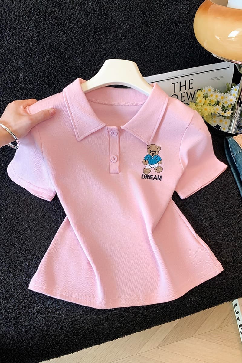 POLO 칼라 작은 곰 자수 반팔 티셔츠 여성 2026 여름 새로운 디자인 센스 하이웨이스트 쇼트 스타일 맨위 동정 이미지 7