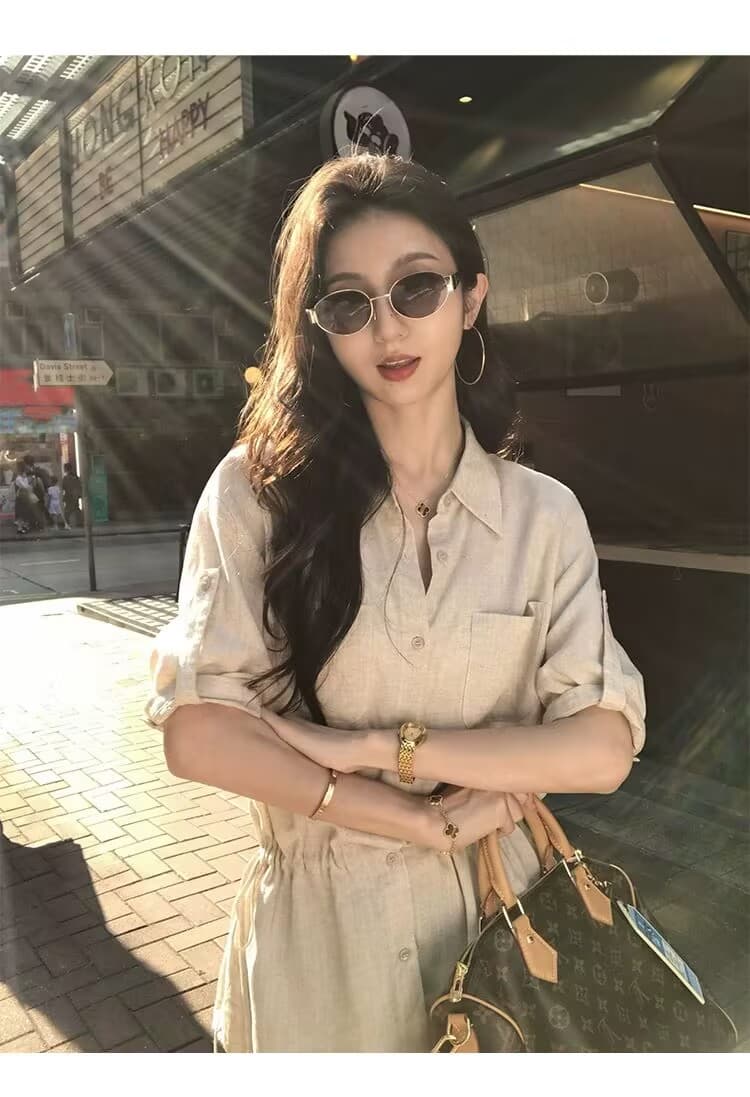 오래된 돈 톤 설정 라이 경기 서울 아마 반팔 폴로 칼라 여성 셔츠 느긋한 루즈핏 펌프 로프 허리 수축 셔츠 상세 이미지 10