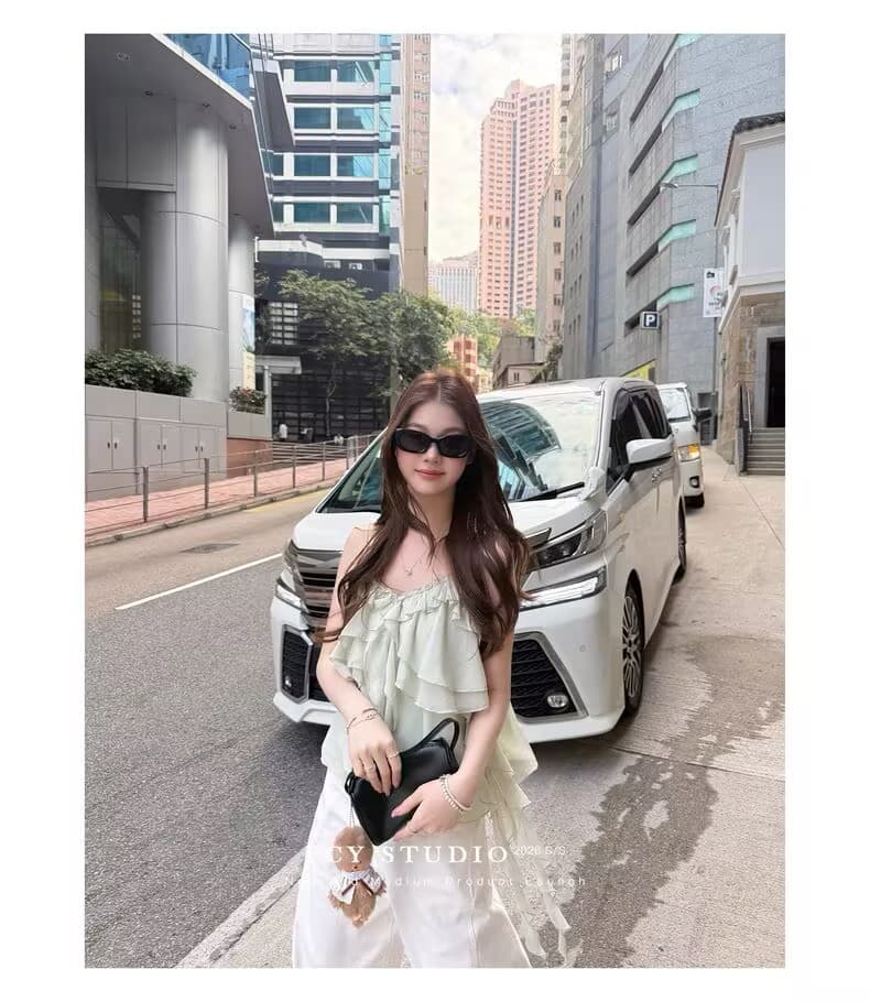 있음 선적 찬성 여름 박하 녹색 다중 레이어 프릴 슬립 맨위 2026 여름 여행 조끼 상세 이미지 3