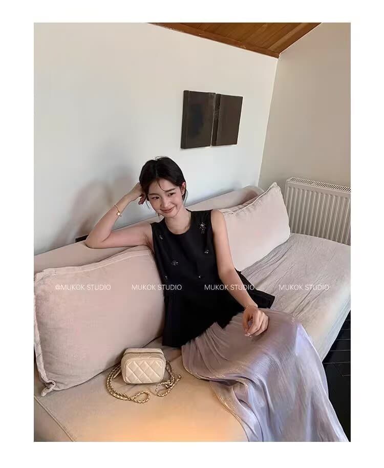 프랑스식 깃발 새틴 우아한 긴팔 여성 여름 새로운 주름 요정 대 치마 한 마디 반신 스커트 상세 이미지 5