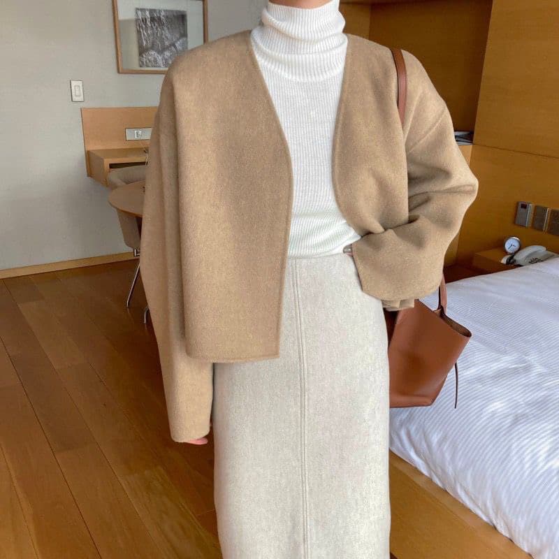익스트림 제인 지배 프랑스식 느긋한 바람 품격 V넥 루즈핏 다용도 쇼트 스타일 모직 외투 삼색 상세 이미지 2