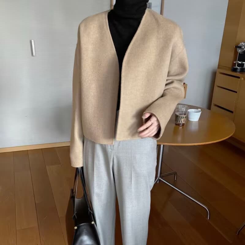 익스트림 제인 지배 프랑스식 느긋한 바람 품격 V넥 루즈핏 다용도 쇼트 스타일 모직 외투 삼색 상세 이미지 11