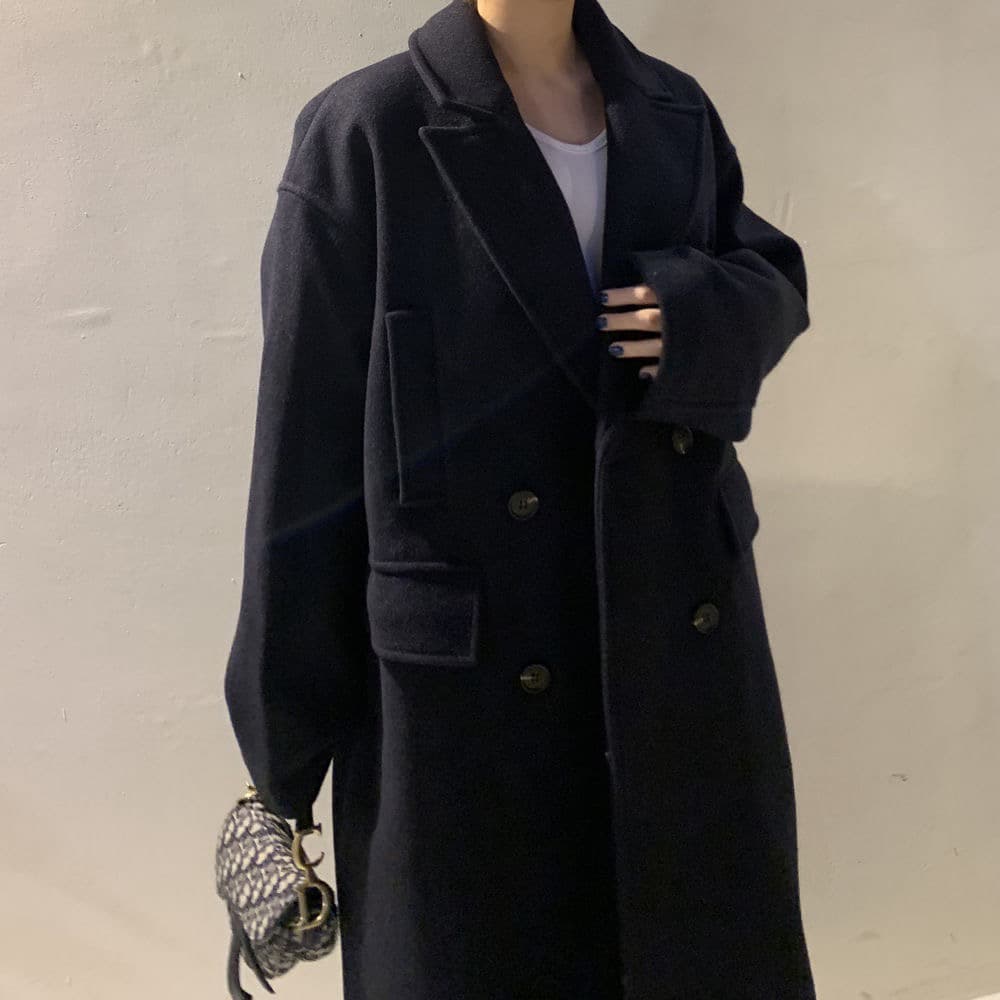 한국 chic 겨울 프랑스식 고급 센스 정장 칼라 주머니 이중 버튼 루즈핏 울 리 코트 재킷 상세 이미지 3