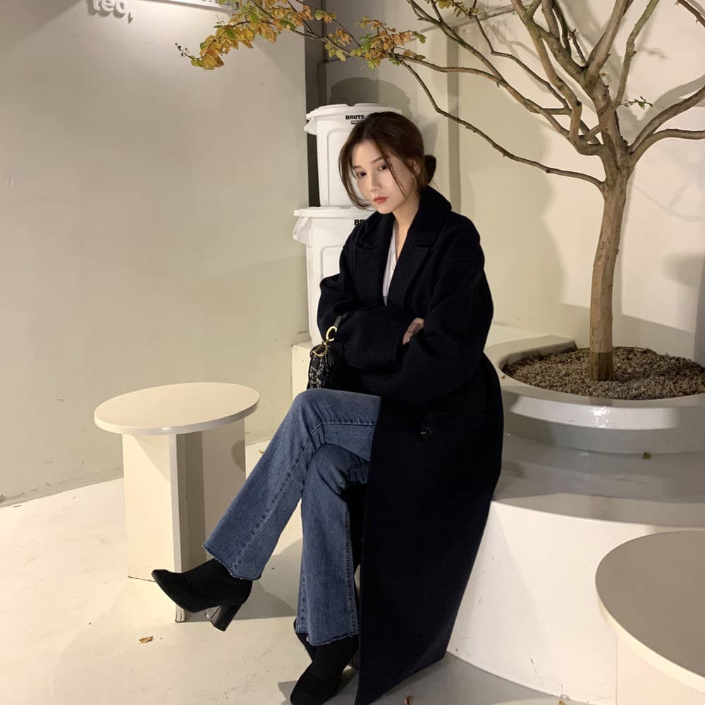 한국 chic 겨울 프랑스식 고급 센스 정장 칼라 주머니 이중 버튼 루즈핏 울 리 코트 재킷 상세 이미지 11