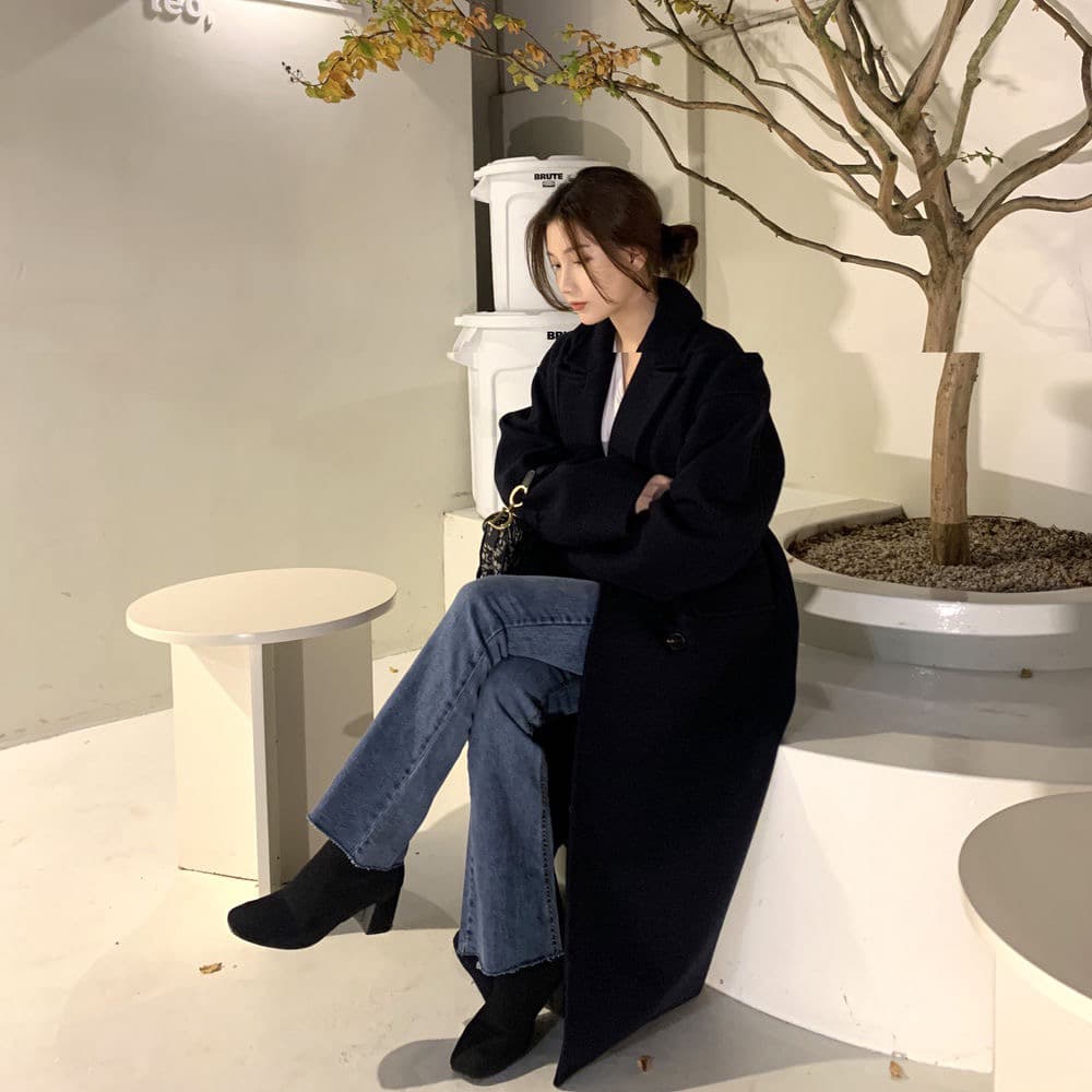 한국 chic 겨울 프랑스식 고급 센스 정장 칼라 주머니 이중 버튼 루즈핏 울 리 코트 재킷 상세 이미지 12