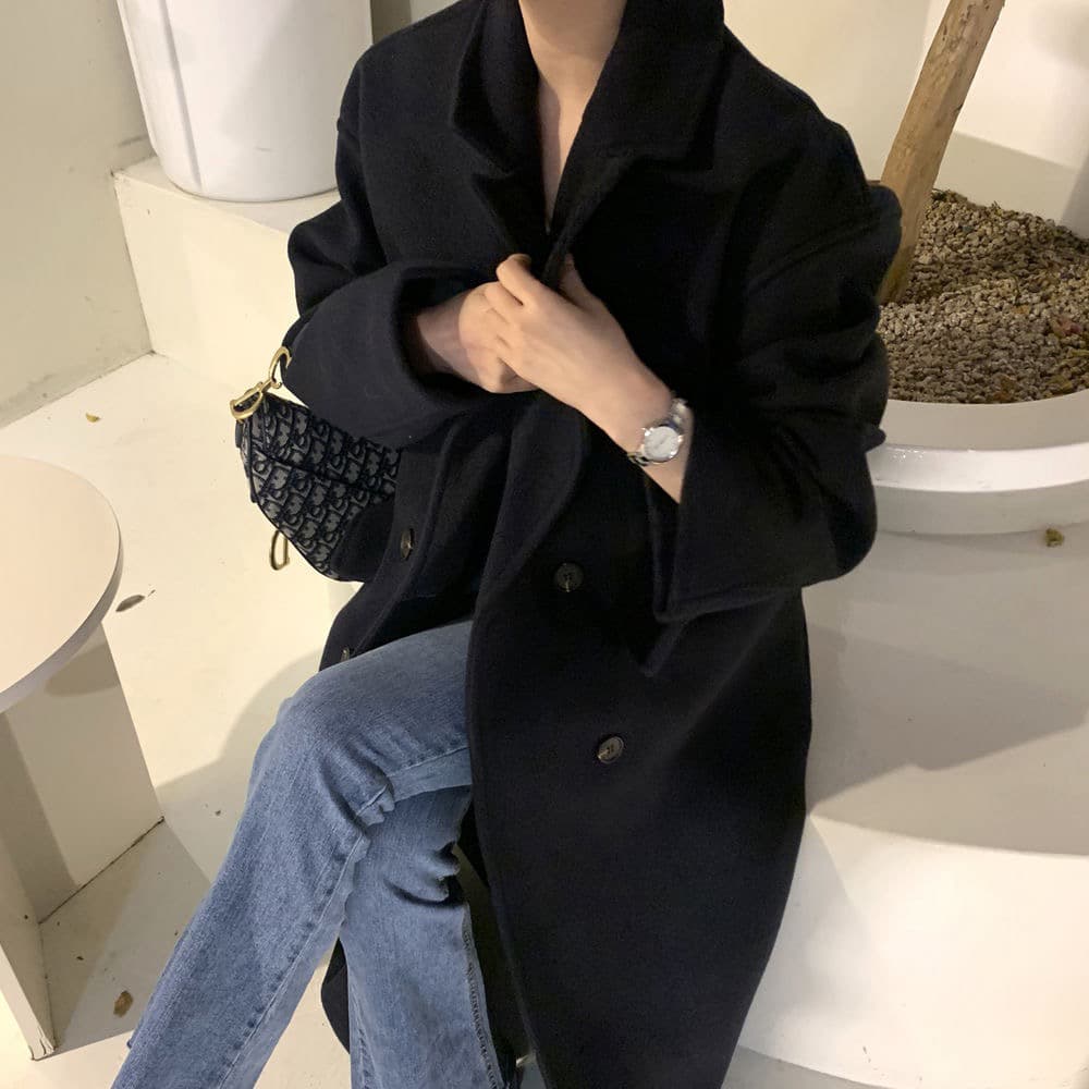 한국 chic 겨울 프랑스식 고급 센스 정장 칼라 주머니 이중 버튼 루즈핏 울 리 코트 재킷 상세 이미지 13