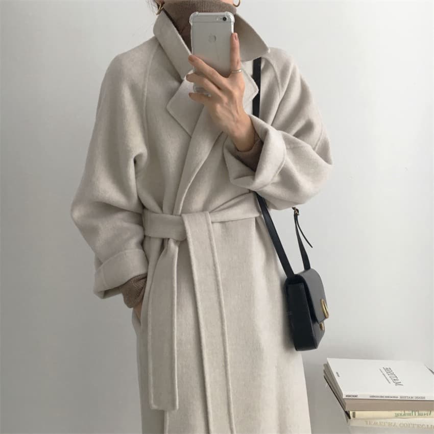 한국 chic 익스트림 제인 지배 레트로 정장 칼라 레이스업 허리 수축 루즈핏 중간 길이 모직 외투 여성 상세 이미지 6