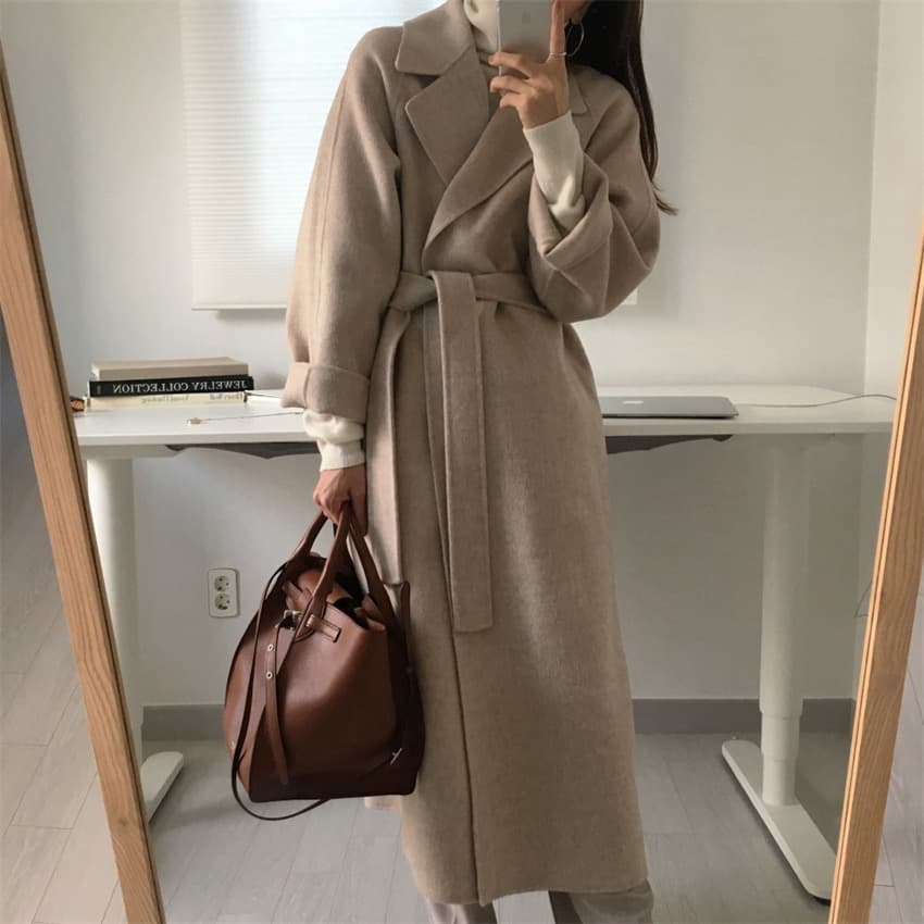 한국 chic 익스트림 제인 지배 레트로 정장 칼라 레이스업 허리 수축 루즈핏 중간 길이 모직 외투 여성 상세 이미지 12