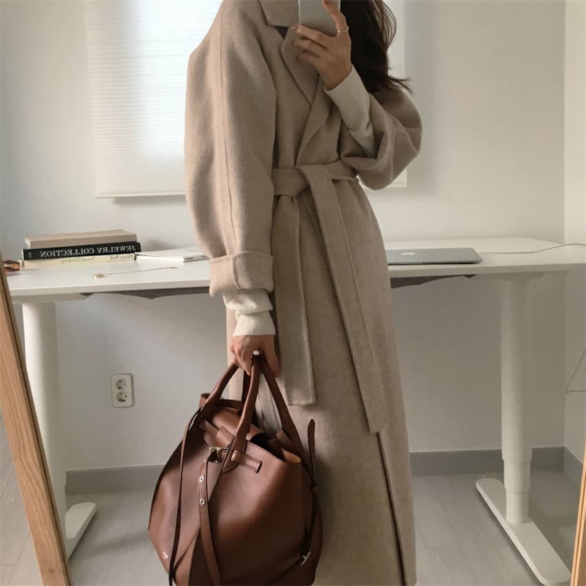 한국 chic 익스트림 제인 지배 레트로 정장 칼라 레이스업 허리 수축 루즈핏 중간 길이 모직 외투 여성 상세 이미지 14