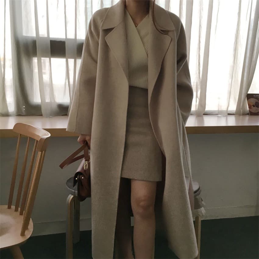 한국 chic 익스트림 제인 지배 레트로 정장 칼라 레이스업 허리 수축 루즈핏 중간 길이 모직 외투 여성 상세 이미지 16
