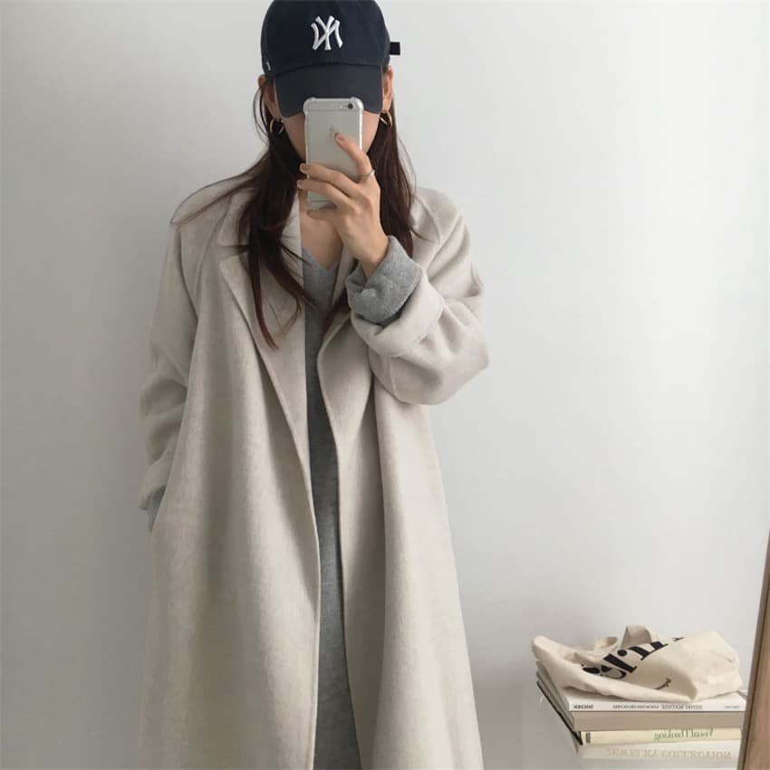 한국 chic 익스트림 제인 지배 레트로 정장 칼라 레이스업 허리 수축 루즈핏 중간 길이 모직 외투 여성 상세 이미지 23