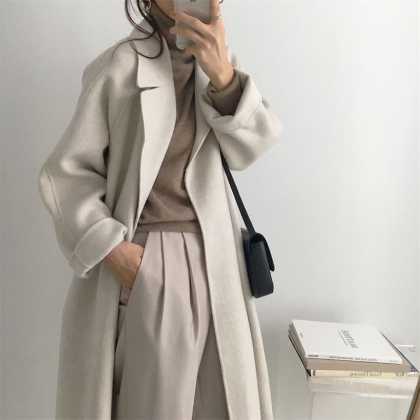 한국 chic 익스트림 제인 지배 레트로 정장 칼라 레이스업 허리 수축 루즈핏 중간 길이 모직 외투 여성 상세 이미지 34