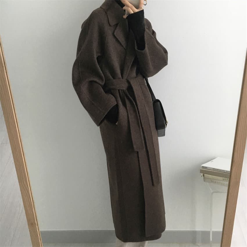 한국 chic 익스트림 제인 지배 레트로 정장 칼라 레이스업 허리 수축 루즈핏 중간 길이 모직 외투 여성 상세 이미지 37