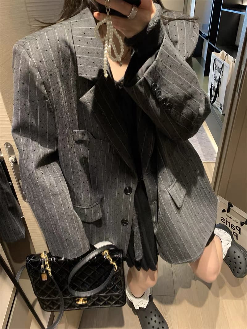 휴식 센스 oversize 스트라이프 프로필 모양 정장 여성 코트 가을 작은 대중 고급 센스 정장 상세 이미지 9