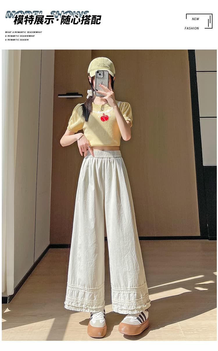 실사 봄 여름 새로운 목이버섯 레이스 레이스 넓은 다리 9부 바지 여성 루즈핏 얇은 스타일 작은 키 자외선 차단 캐주얼 바지 상세 이미지 23