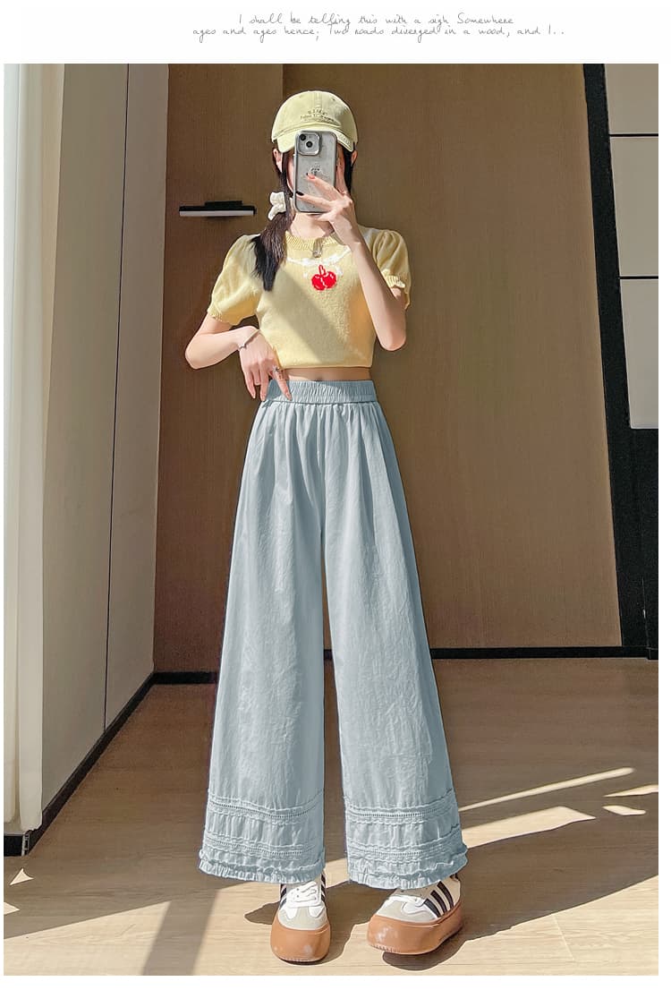 실사 봄 여름 새로운 목이버섯 레이스 레이스 넓은 다리 9부 바지 여성 루즈핏 얇은 스타일 작은 키 자외선 차단 캐주얼 바지 상세 이미지 28