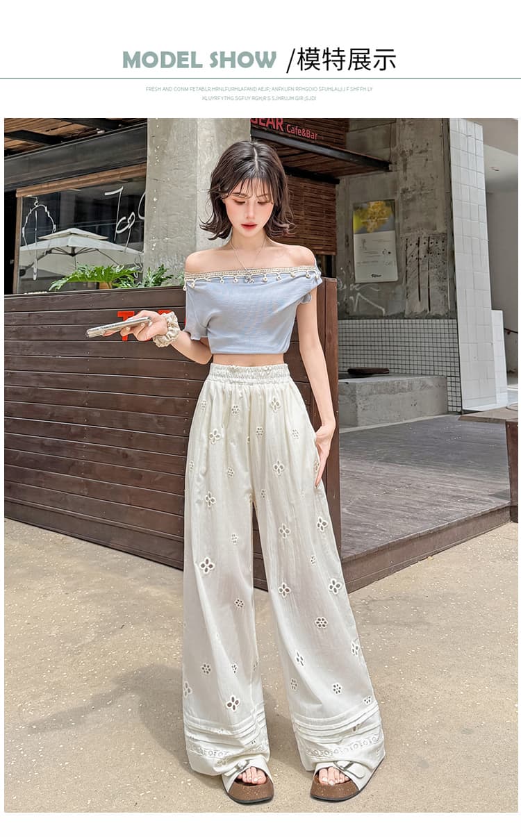 실사 화이트 자수 자수 홀로우 아웃 스트레이트 캐주얼 바지 여성 면 100% 레이스 조각 스트레이트 하이웨이스트 넓은 다리 길이 바지 상세 이미지 19