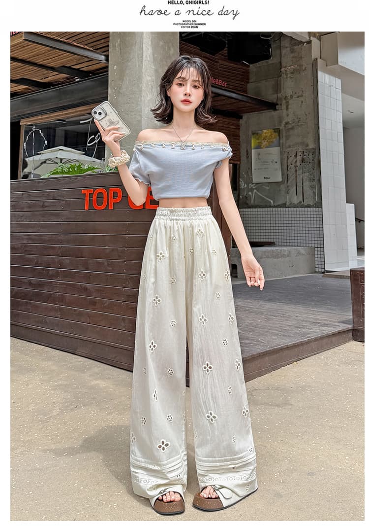 실사 화이트 자수 자수 홀로우 아웃 스트레이트 캐주얼 바지 여성 면 100% 레이스 조각 스트레이트 하이웨이스트 넓은 다리 길이 바지 상세 이미지 21