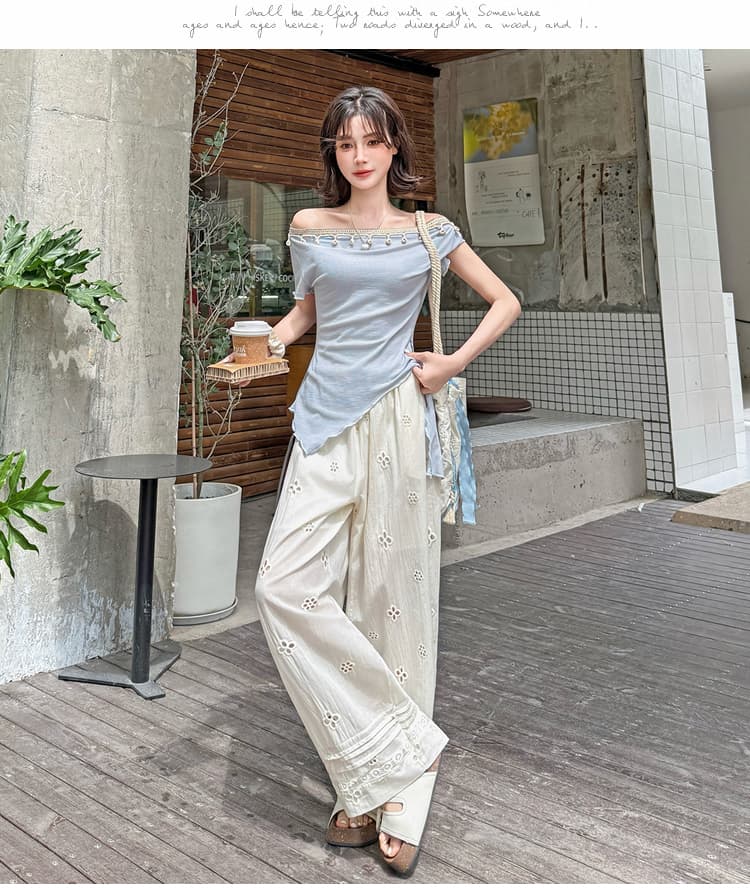 실사 화이트 자수 자수 홀로우 아웃 스트레이트 캐주얼 바지 여성 면 100% 레이스 조각 스트레이트 하이웨이스트 넓은 다리 길이 바지 상세 이미지 29