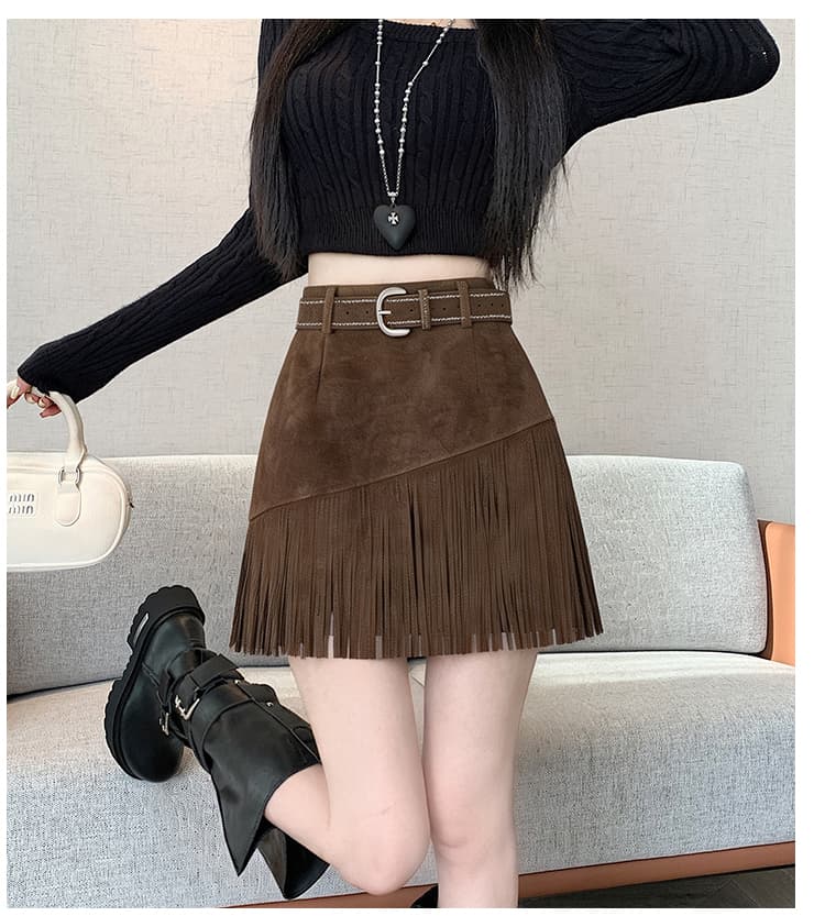 실사 가을 새로운 한 부서 ins 불규칙 술 패치워크 스웨이드 원단 반신 스커트 순수한 욕망 튀김 거리 한 마디 미니 스커트 상세 이미지 16