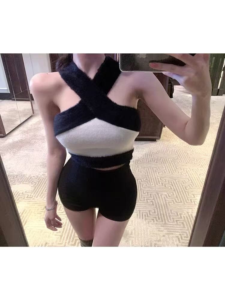 chill 챠오어 Jiao 矜 honey 순수한 욕망 바람 행침 목 조끼 여성 배색 패치워크 몸매 가꾸기 쇼트 스타일 만나는 맨위 이미지 2