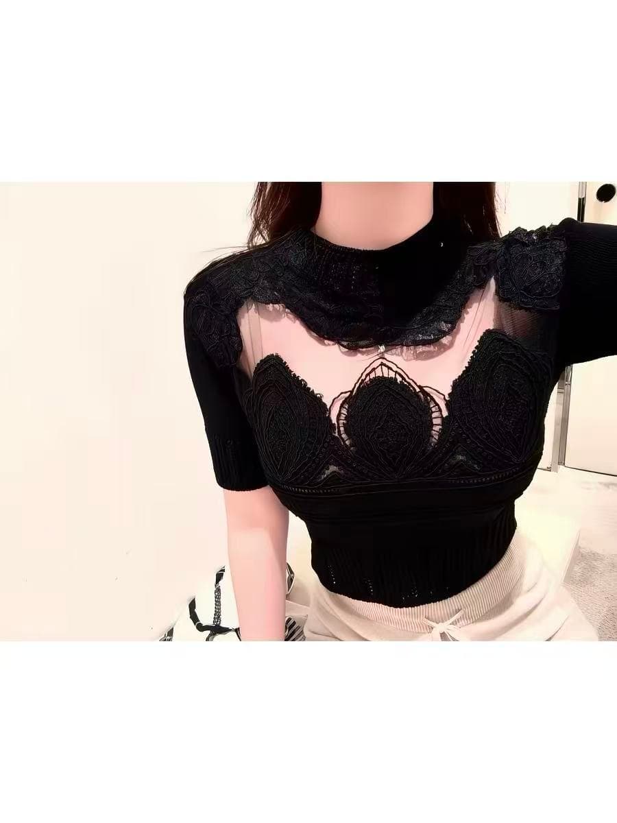 e s 레이스 지배 지역 흑인과 백인 둘 색상 홀로우 아웃 자수 반팔 니트 스웨터 맨위 이미지 2