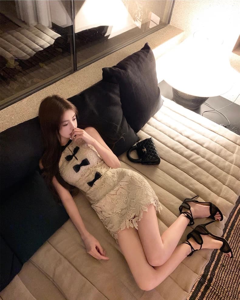 okmashop 매너 치엥 행침 목 레이스 나비 매듭 여성 드레스 여름 명문 여성 바람 타이트 스커트 미니 스커트