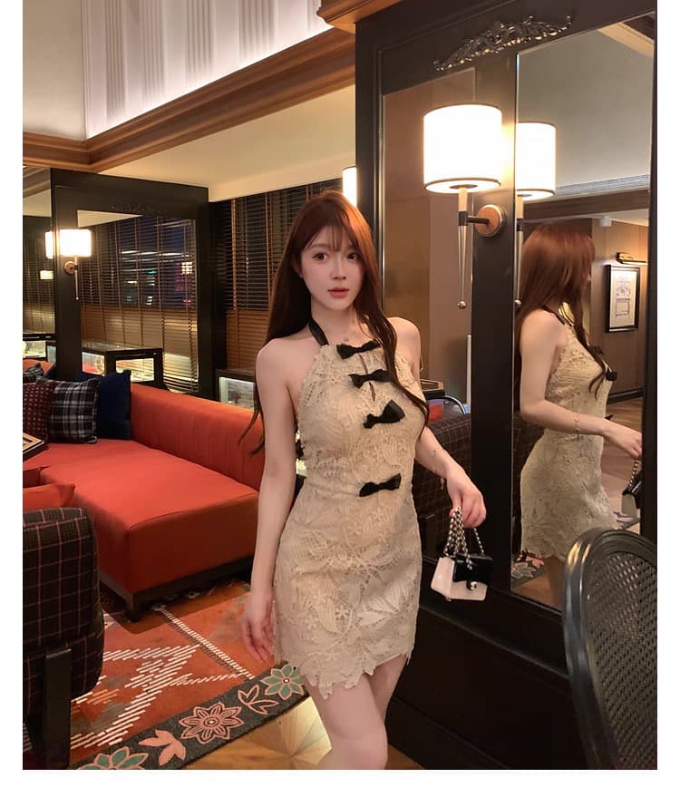 m900 행침 목 레이스 여성 드레스 몸매 가꾸기 슬림해 보이는 나비 매듭 타이트 스커트 타이트 섹시함 쇼트 스타일 핫걸 치마 상세 이미지 9