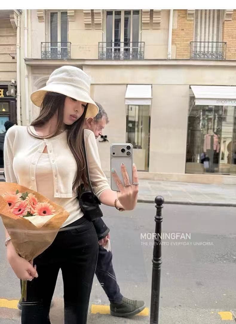 안녕하세요. 팬 팬 산소 화이트 여성 한 부서 차가운 센스 니트 오픈 가디건 조끼 세트 부드러운 품격 투피스 세트 상세 이미지 1