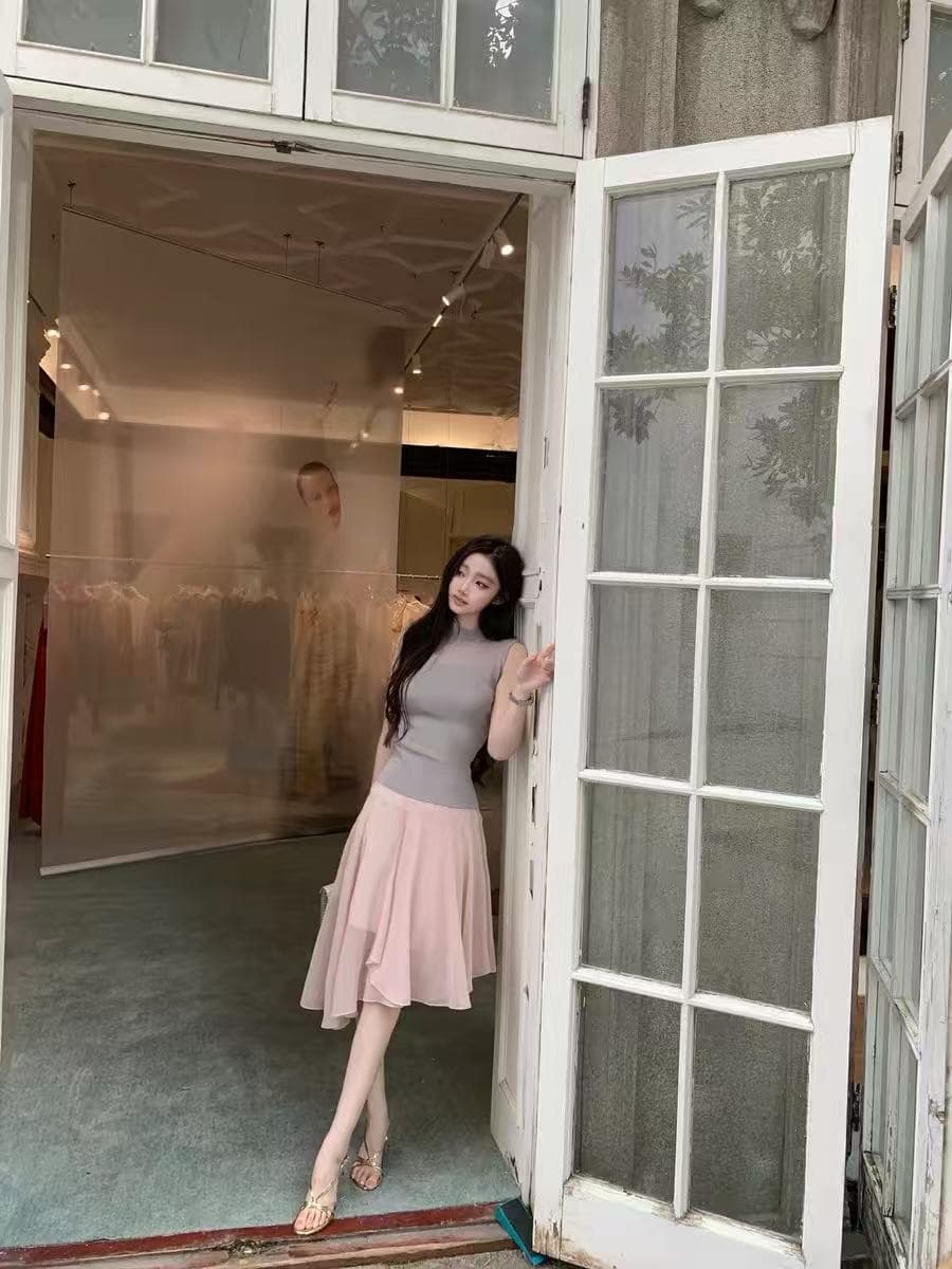 okmashop 빛 연 주형 한 부서 chic 세트 여성 여름 니트 맨위 망사 반 스커트 투피스 세트