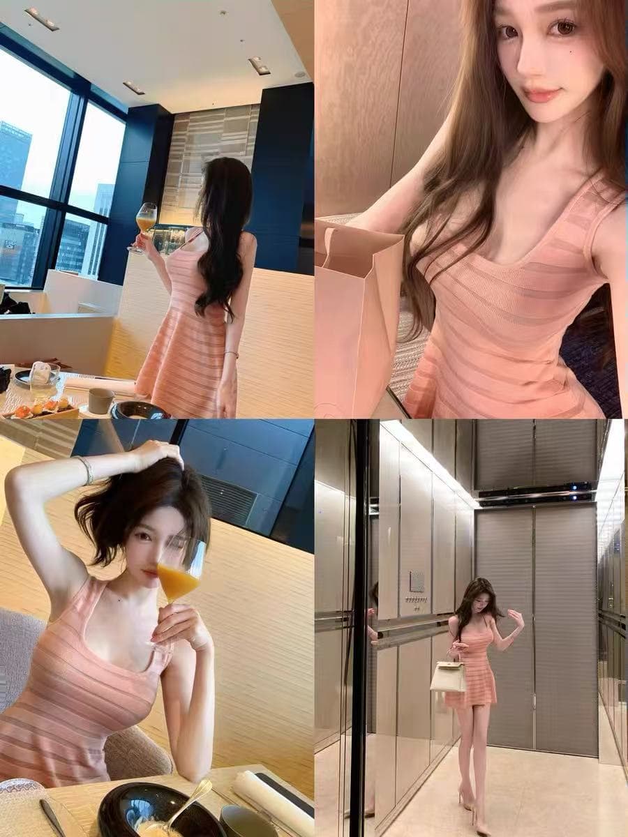cher 챠오어 복숭아 부드러운 실 홀로우 아웃 스트라이프 슬립 여성 드레스 여름 대 u 칼라 니트 우산 진자 치마 이미지 4
