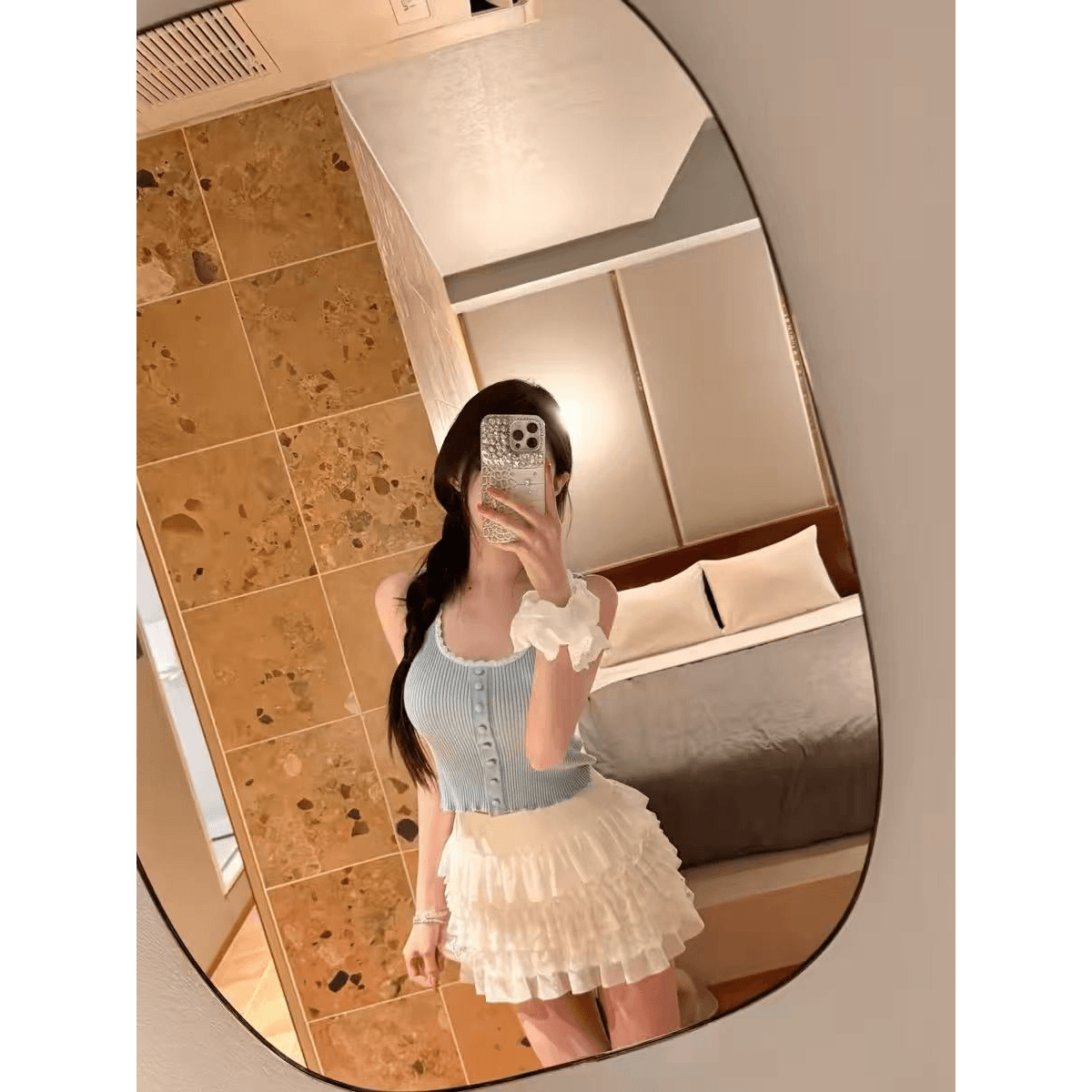 cher 챠오어 릴리 오브 더 밸리 소녀 물결무늬 레이스 레이스 캐미솔 여름 u 칼라 신축성 니트 맨위 이미지 5