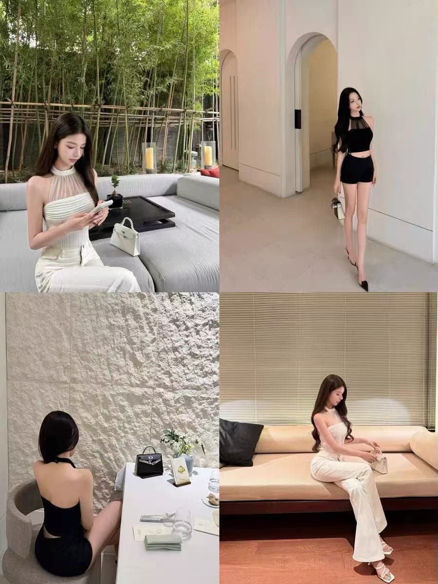 chicyou 심장 기계 한 여성 흑인과 백인 둘 색상 행침 목 원사 쇼트 스타일 작은 백리스 섹시함 니트 슬립 상세 이미지 5