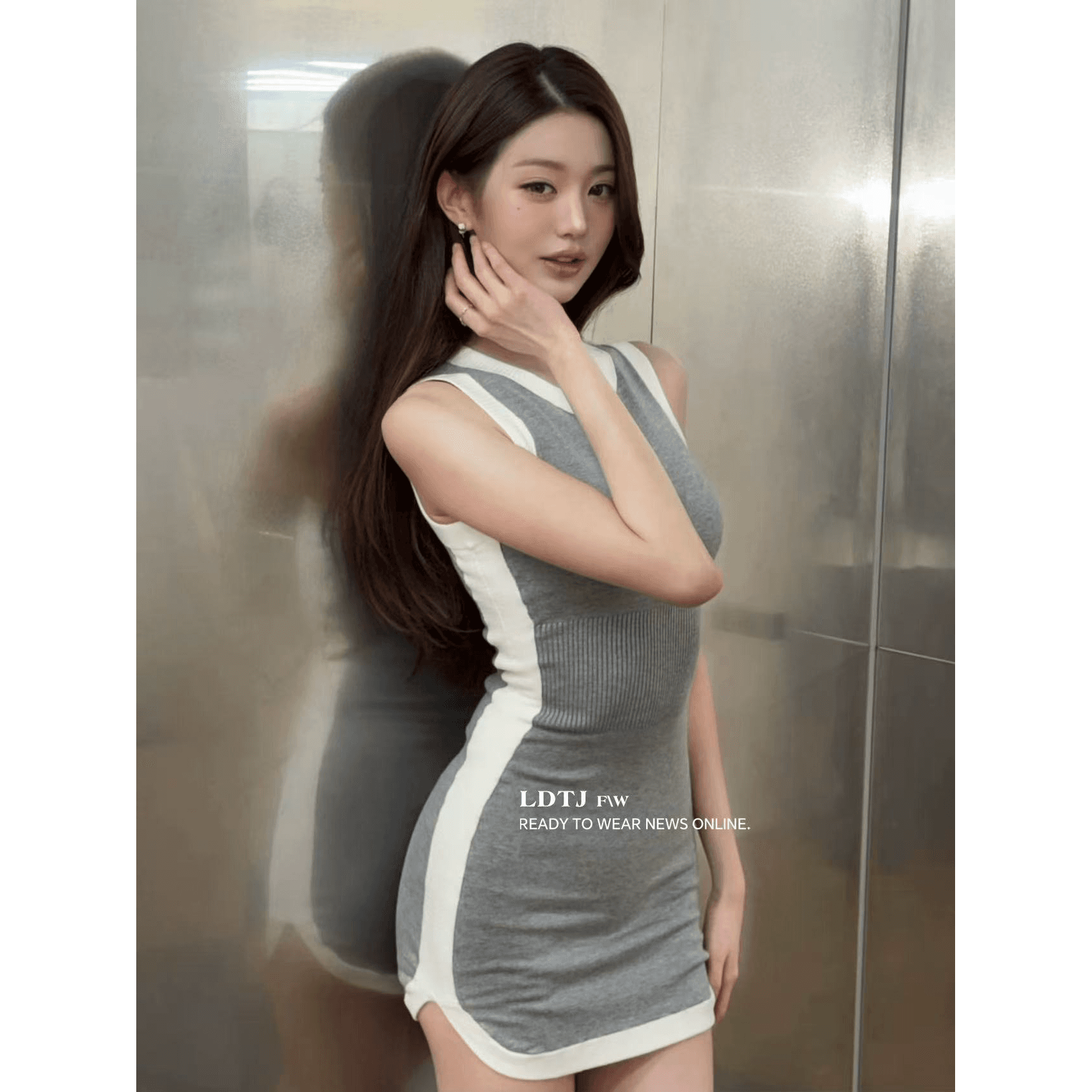 ldtj 높음 세트 산소 소녀 장 원 영어 같은 단락 빛 요리 한 바람 패치워크 색상 라운드 넥 조끼 허리 수축 타이트 스커트 드레스 이미지 5