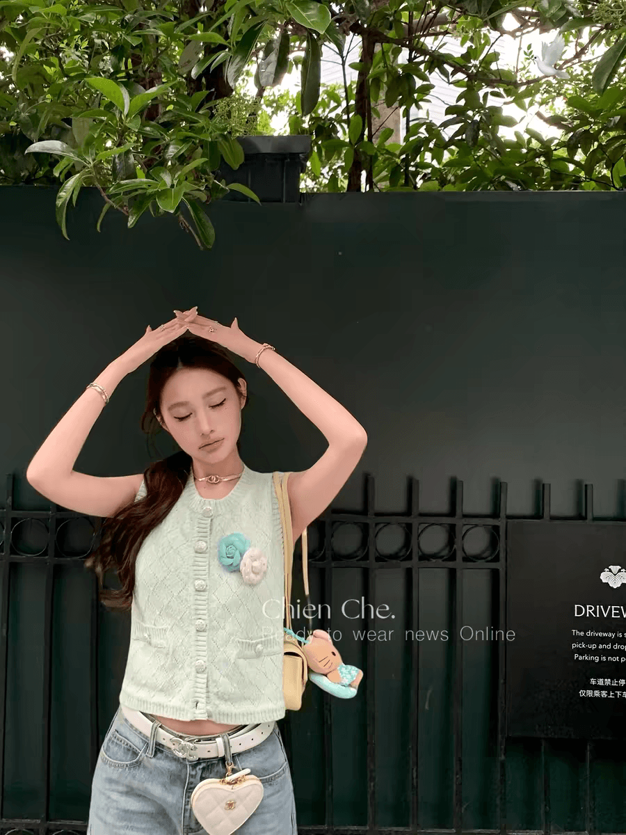 자동차 늦게 En chien 6 지점 실 방적 1 선 작은 샤넬 스타일 니트 오픈 가디건 여름 링 그리드 자카드 베스트 조끼 여성 상세 이미지 2