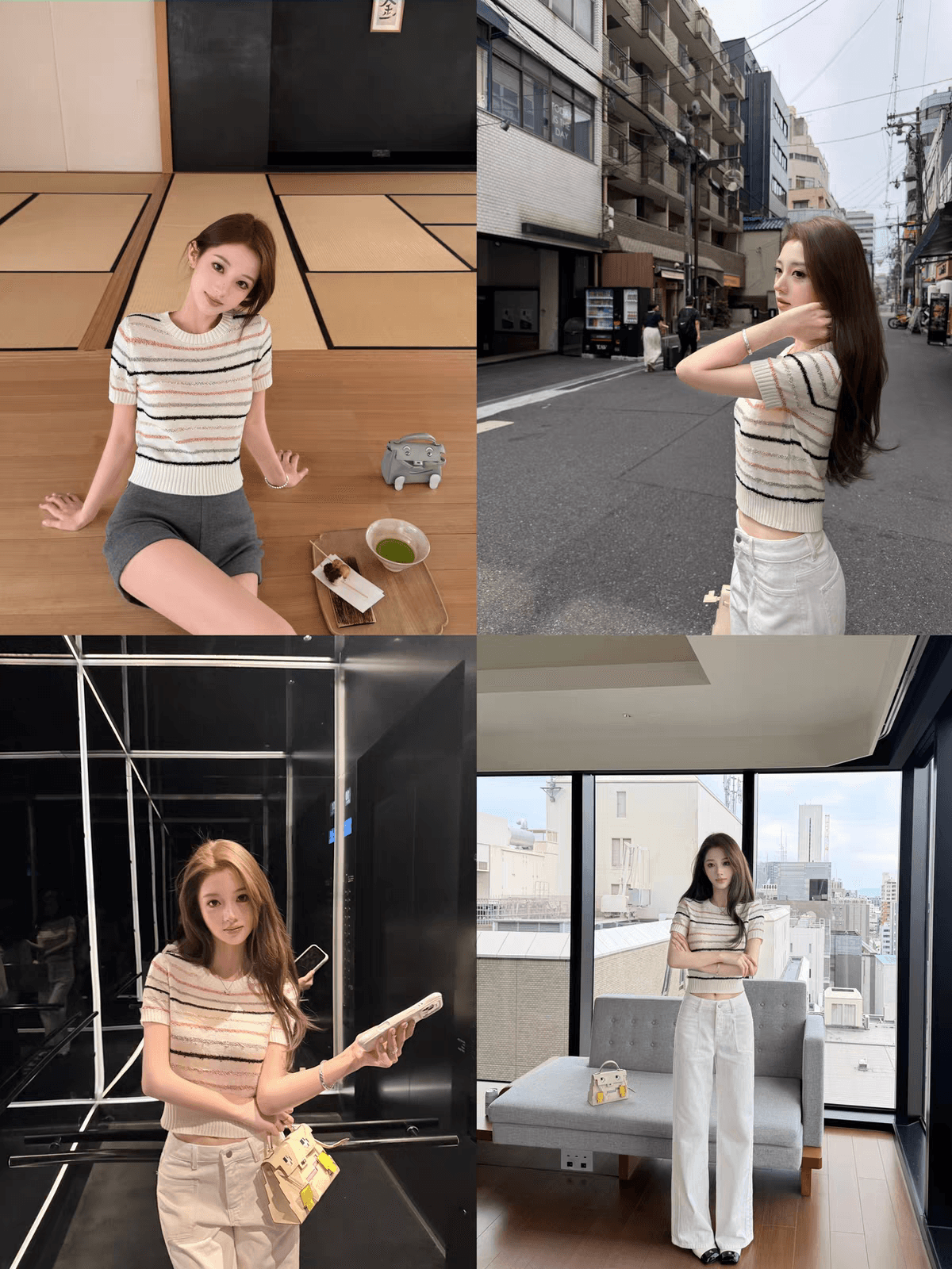 chicyou 동화 화이트 토너 회색 스트라이프 얇고 가벼운 통기성 샤오시엔 부드러운 다용도 반팔 니트 맨위 상세 이미지 6