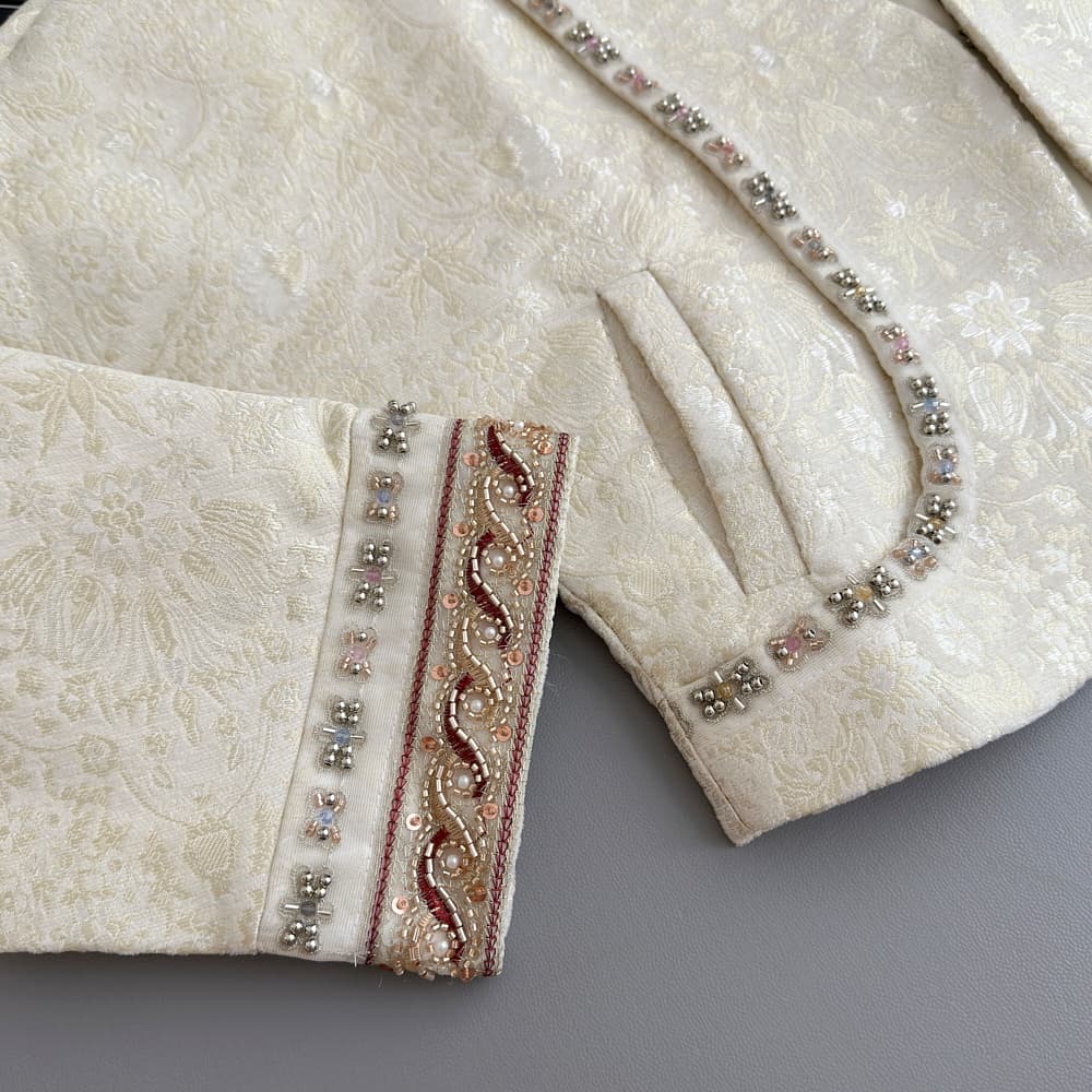 주 죽 스타 2025 가을 새로운 중식 디자인 섹션 고치형 자카드 자수 재킷 와이드 레그 팬츠 상세 이미지 12