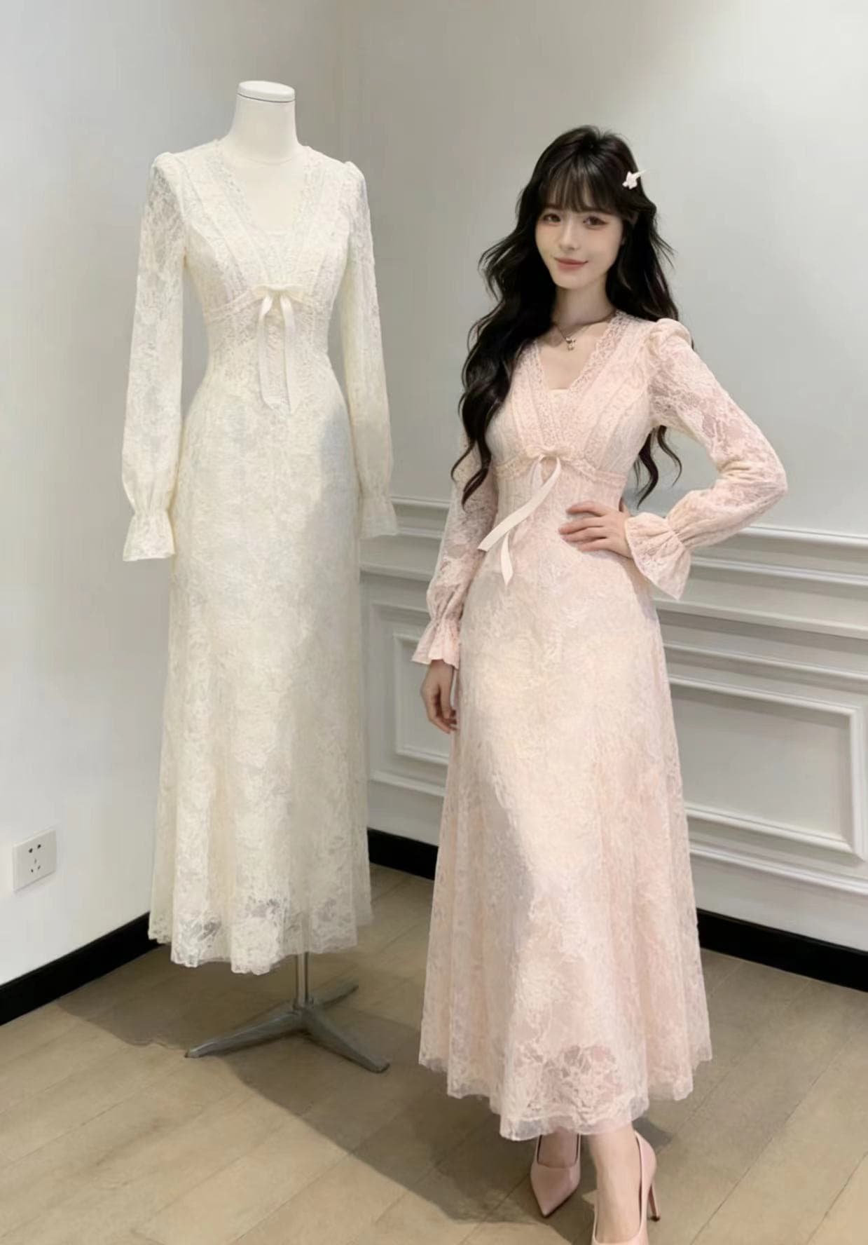 blovelan 팬 스택 정원 프랑스식 순수한 욕망 V넥 레이스 털이 있는 드레스 허리 수축 천 금빛 바람 퍼프 스커트 상세 이미지 4
