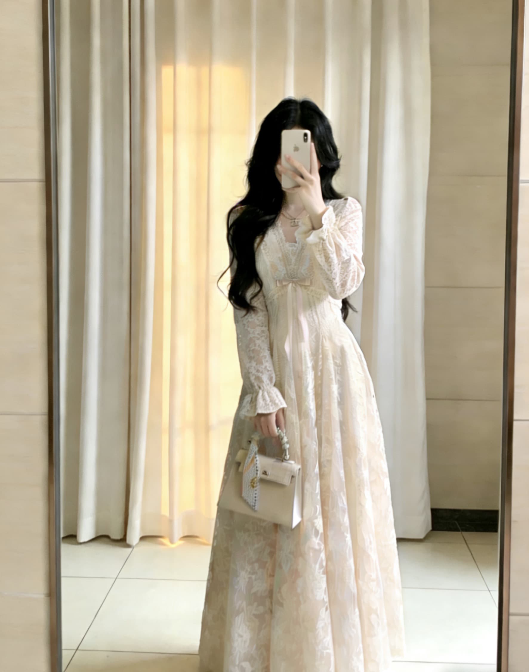 blovelan 팬 스택 정원 프랑스식 순수한 욕망 V넥 레이스 털이 있는 드레스 허리 수축 천 금빛 바람 퍼프 스커트 이미지 3