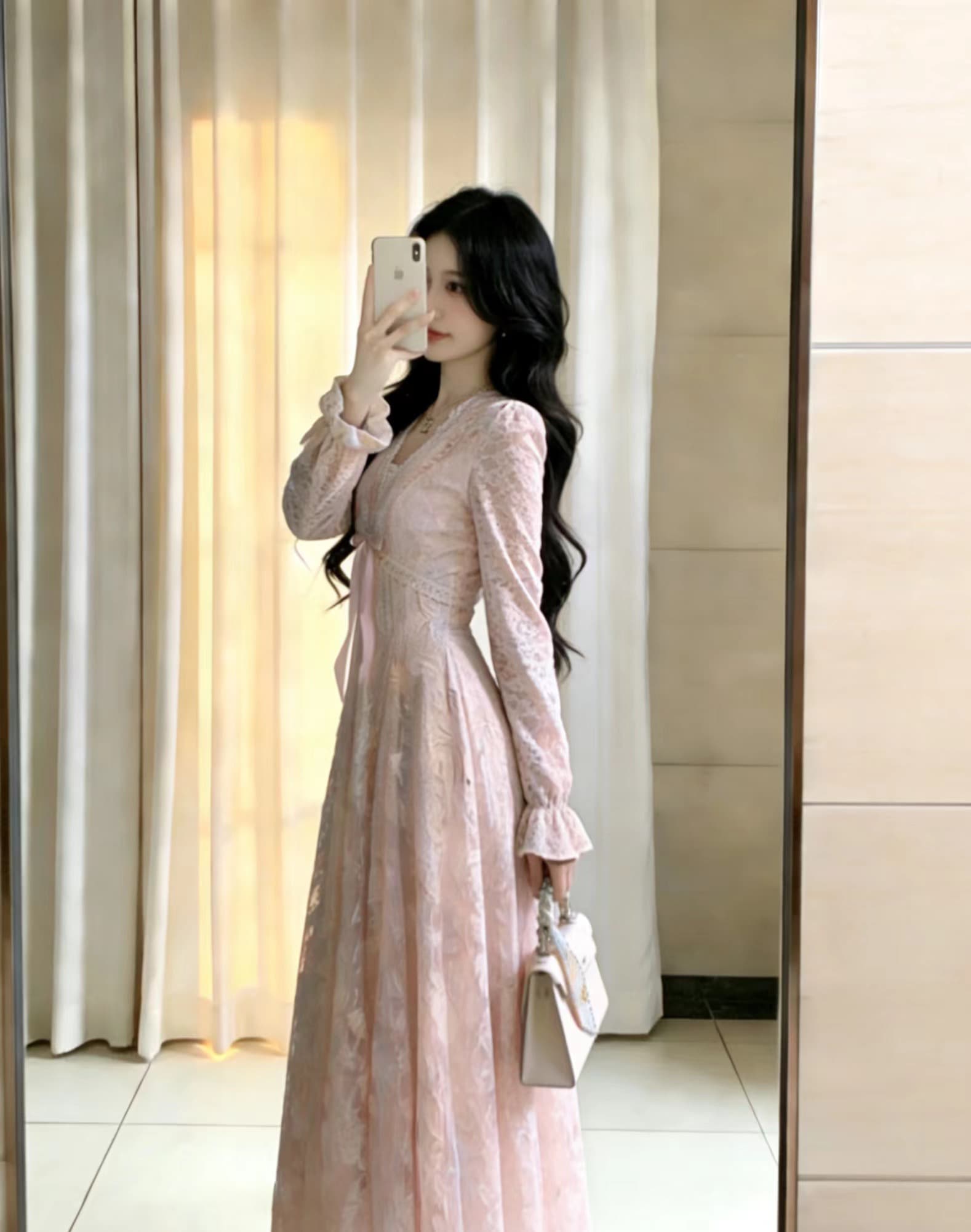 blovelan 팬 스택 정원 프랑스식 순수한 욕망 V넥 레이스 털이 있는 드레스 허리 수축 천 금빛 바람 퍼프 스커트 이미지 4