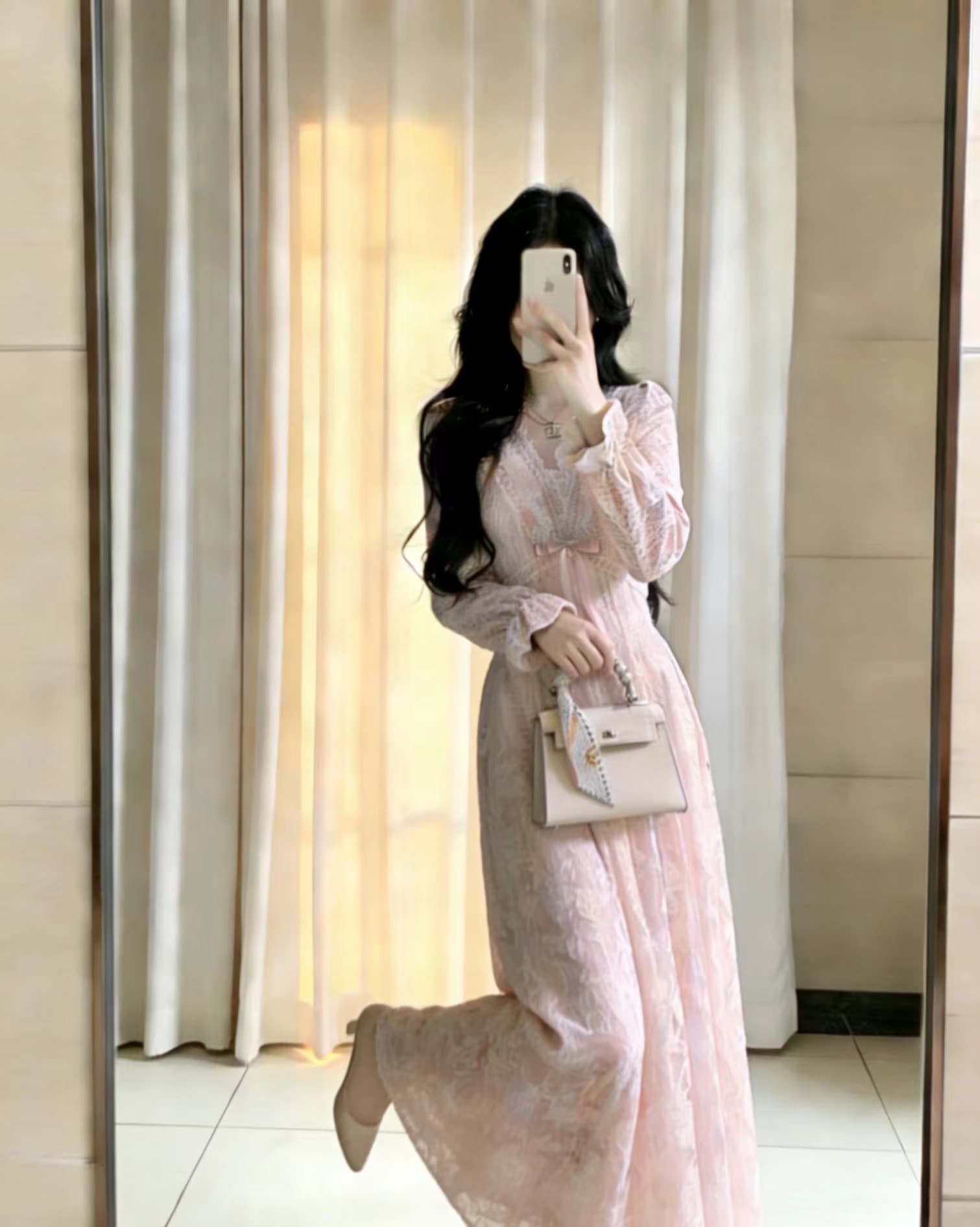 blovelan 팬 스택 정원 프랑스식 순수한 욕망 V넥 레이스 털이 있는 드레스 허리 수축 천 금빛 바람 퍼프 스커트 이미지 2