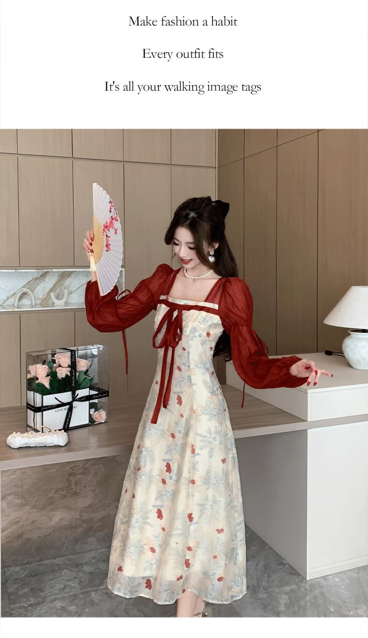 떠 다니는 옥 지점 의미 새로운 중식 배색 주간 실크 주름 프린트 드레스 개선 한푸 치마 2026 봄 새로운 상세 이미지 10
