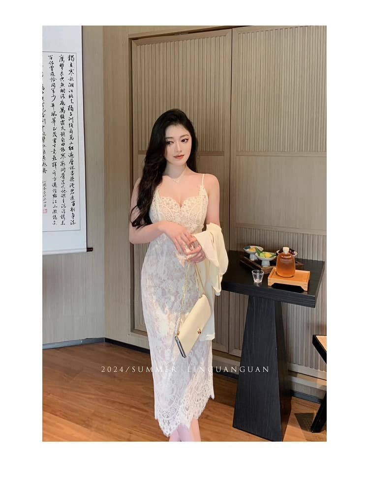 린 닫기 화이트 레이스 슬립 드레스 프랑스식 품격 롱 스커트 예복 치마 생일 치마 몸매 가꾸기 타이트 스커트 상세 이미지 9