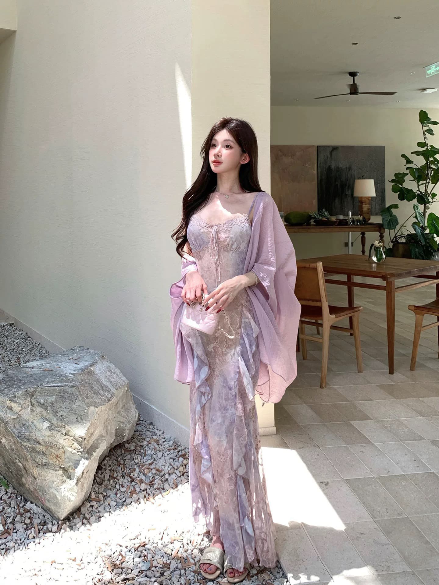solo 폭발 폭발 暮 시간 꽃 차오 헤일로 염색 꽃무늬 여성 드레스 프랑스식 자수 패치워크 오프숄더 슬립 롱 스커트 이미지 3