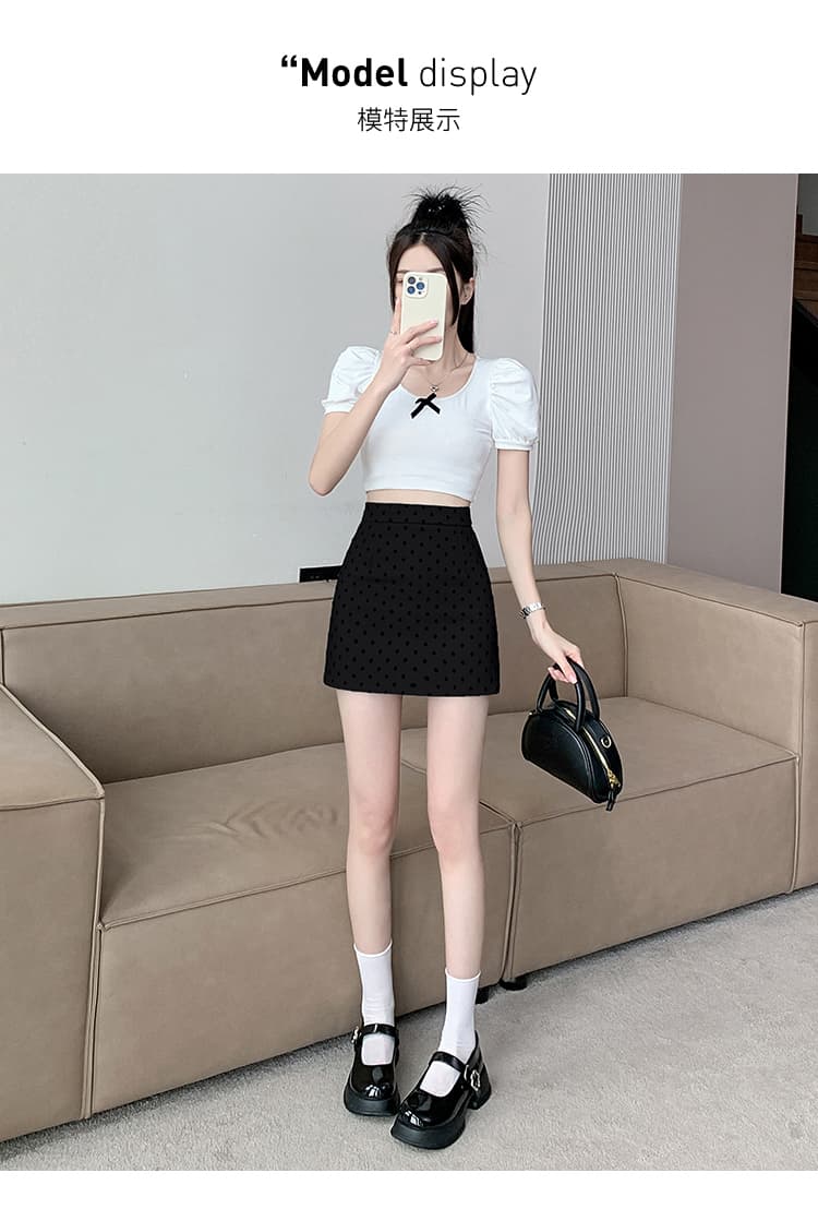 실사 레트로 소녀 센스 식물 플러시 도트 무늬 하이웨이스트 슬림해 보이는 반신 스커트 여성 한 마디 미니 스커트 상세 이미지 13