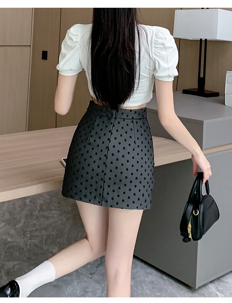 실사 레트로 소녀 센스 식물 플러시 도트 무늬 하이웨이스트 슬림해 보이는 반신 스커트 여성 한 마디 미니 스커트 상세 이미지 18